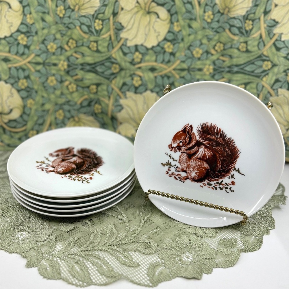 Vintage Squirrel Plates Gold Paint Fall Accent Salad Plates Set of 6